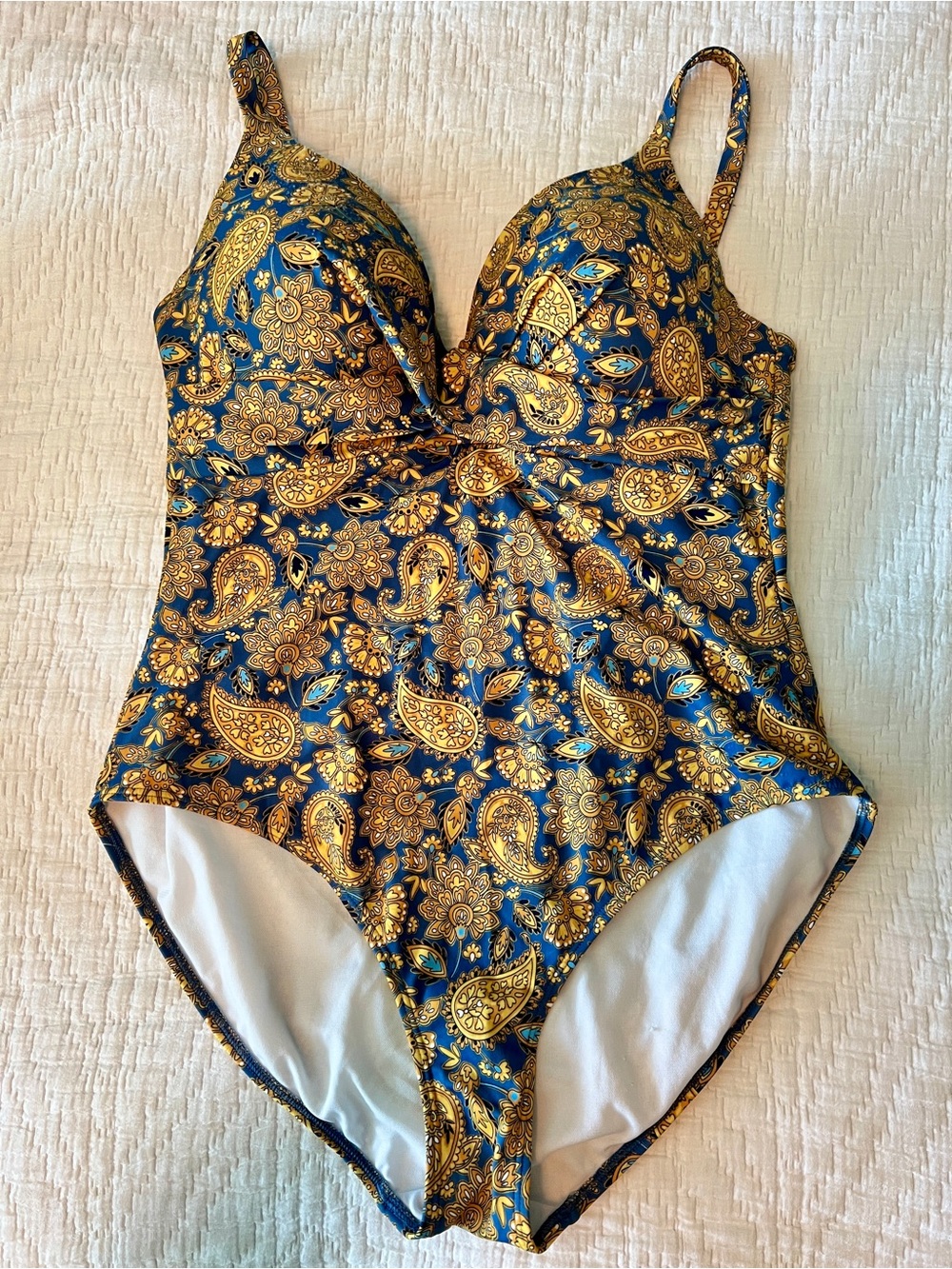 Boden Navy and Gold Paisley One-Piece Swimsuit with Blue Accents